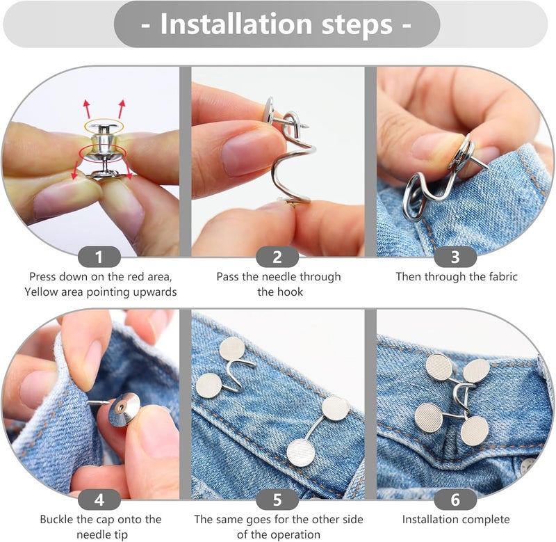ROPAKED 6 Set Pant Waist Tightener Buttons Pins for Loose Jeans Reusable Waist Cincher Clip Metal Brooch for Clothing Dresses Skirts No Sewing Decoration Accessories（Silver - Image 4